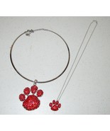 RED Crystal PAW Pendant Necklaces 2 Matching Set Cat Dog Love Fur Baby Paws - £7.77 GBP