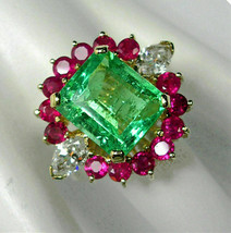 7Ct Simulated Green Emerald, Diamond Ruby Ring 14K Yellow Gold Plated Silver - £58.37 GBP
