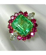 7Ct Simulated Green Emerald, Diamond Ruby Ring 14K Yellow Gold Plated Si... - £59.34 GBP