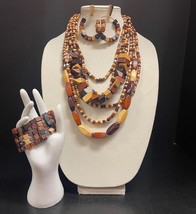 4 pc Set of Wooden Boho Jewelry Necklace Bracelet Pierced Hoop Earrings - $285.10 MXN
