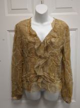 Express Design Studio 100% Silk Sheer Beige Paisley Ruffle Front Blouse Size L - $9.89
