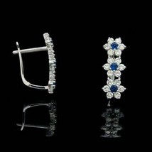2Ct Round Cut Lab-Created Blue Sapphire 3-Flower Hoop Earrings Sterling Silver - £42.53 GBP