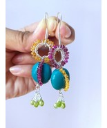 Natural Turquoise, Peridot, Rubellite and Garnet Beads Earrings  - $83.00