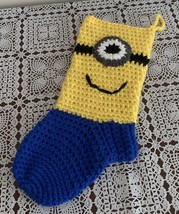 Handmade Crocheted Minion Christmas Stocking 13 In Yellow Blue Yarn Uniq... - £11.06 GBP