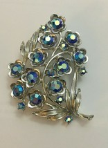 STAR Jewelry Co Signed Blue Iridescent Crystals Leaf Brooch Silver Tone ... - £23.54 GBP