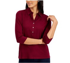 Charter Club Womens S Carriage Red Button Knit 3/4 Sleeve Polo Shirt NWT AI60 - £18.73 GBP