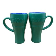 Coca-Cola COKE Green Blue Ceramic Glass Travel Mug Tumbler Pair (2) - $19.79