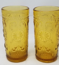 Amber Sunburst Juice Glasses Embossed Mid Century Modern 1960s Set of 2 - $18.95