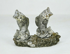 Vintage Silver Plastic Jumping Fish With Base Figural Salt And Pepper Shakers  - £10.40 GBP