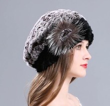 New Women&#39;s Winter Black Gray Rex Rabbit Fur Knitted Warm Beret Bonnet Cap Hats - $39.55