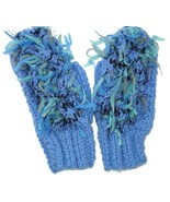 Funky blue hand knit mittens - $12.00