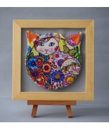 Whimsical Ceramic Cat Art framed comes with an easel for easy display 15... - $15.00