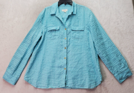 Charter Club Shirt Women Large Blue Check Linen Chest Pockets Collar Button Down - £18.17 GBP