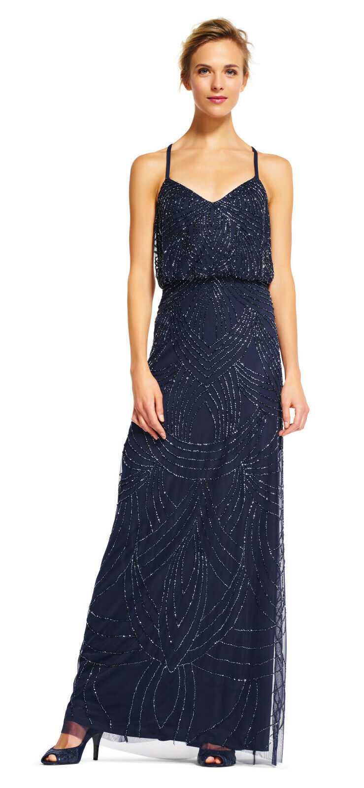 Adrianna Papell Navy Long Beaded Dress With Crisscross Back & Spaghetti Straps14 Adrianna Papell Navy Long Beaded Dress With Crisscross Back & Spaghetti Straps14