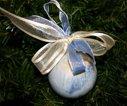 Handcrafted Painted Glass Ball Christmas Ornament in Blue and Cream - $9.98