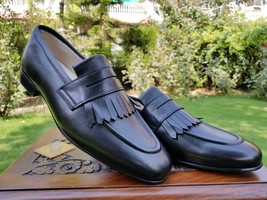 Handmade Men&#39;s Genuine Black Leather Moccasins Loafers &amp; Slip On Formal Shoes - £103.18 GBP+
