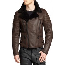 Mens Cafe Racer Brown Real Fur Winter Coat Real Sheepskin Shearling Leat... - $159.99+