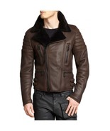 Mens Cafe Racer Brown Real Fur Winter Coat Real Sheepskin Shearling Leat... - €136,75 EUR+