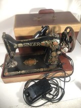 Antique Singer 66 Sewing Machine Red Eye Heavy Duty Pedal Case Electric Works US - $376.19