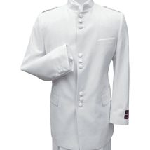 Mens Apollo King Banded Collarless suit Chinese Mandarin Wide leg AG98 White image 2