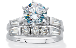 Round Baguette Cut Cz 2 Bridal Ring Set Platinum Sterling Silver 6 7 8 9 10 - £162.38 GBP