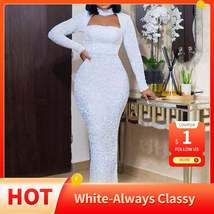 Elegant Evening White Dress Long For Women Party Club Sexy Hollow Turtleneck Aut - £56.95 GBP