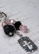 Skull Cross Howlite Crystal Day of the Dead Purse Charm Keychain Pink Black - $14.84