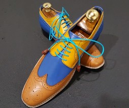 Handmade Three Tone Multi Color Wing Tip Oxford Classical Brogues Toe Men Shoes - £118.63 GBP+