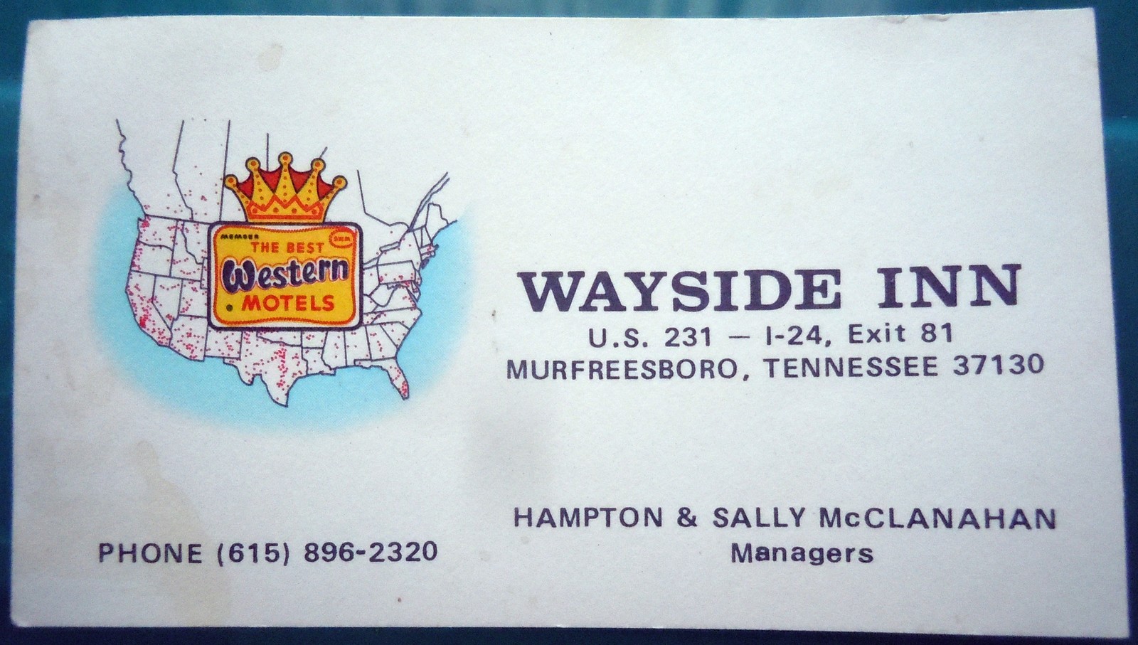 Best Western Wayside Inn Murfreesboro Tennessee Business Card - $1.99