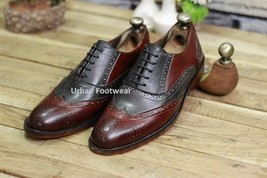 Men&#39;s New Handmade Dual Color Burgundy &amp; Dark Grey Leather Lace Up Stylish - £113.41 GBP