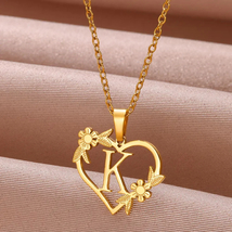 Gold Color Dainty Flower Initials Necklace Women Girl Stainless Steel Heart Lett - £9.59 GBP