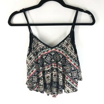 Angie Crop Top Flowy Goemetric Striped Boho Sleeveless V Neck Beige Black Size S - £7.80 GBP