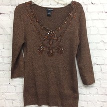 Lauren Michelle Womens Pullover Sweater Brown Marled 3/4 Sleeve V Neck R... - $15.35