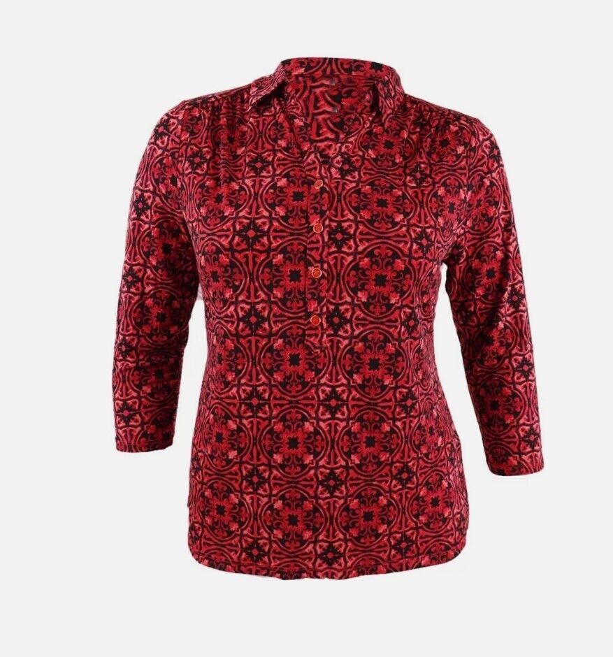 Primary image for Charter Club Womens Small Ravishing Red 3/4 Sleeve Printed Polo Top NWT AK16