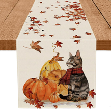 Fall Table Runner Pumpkins Cat Maple Leaf Autumn Harvest Seasonal Thanks... - $12.86