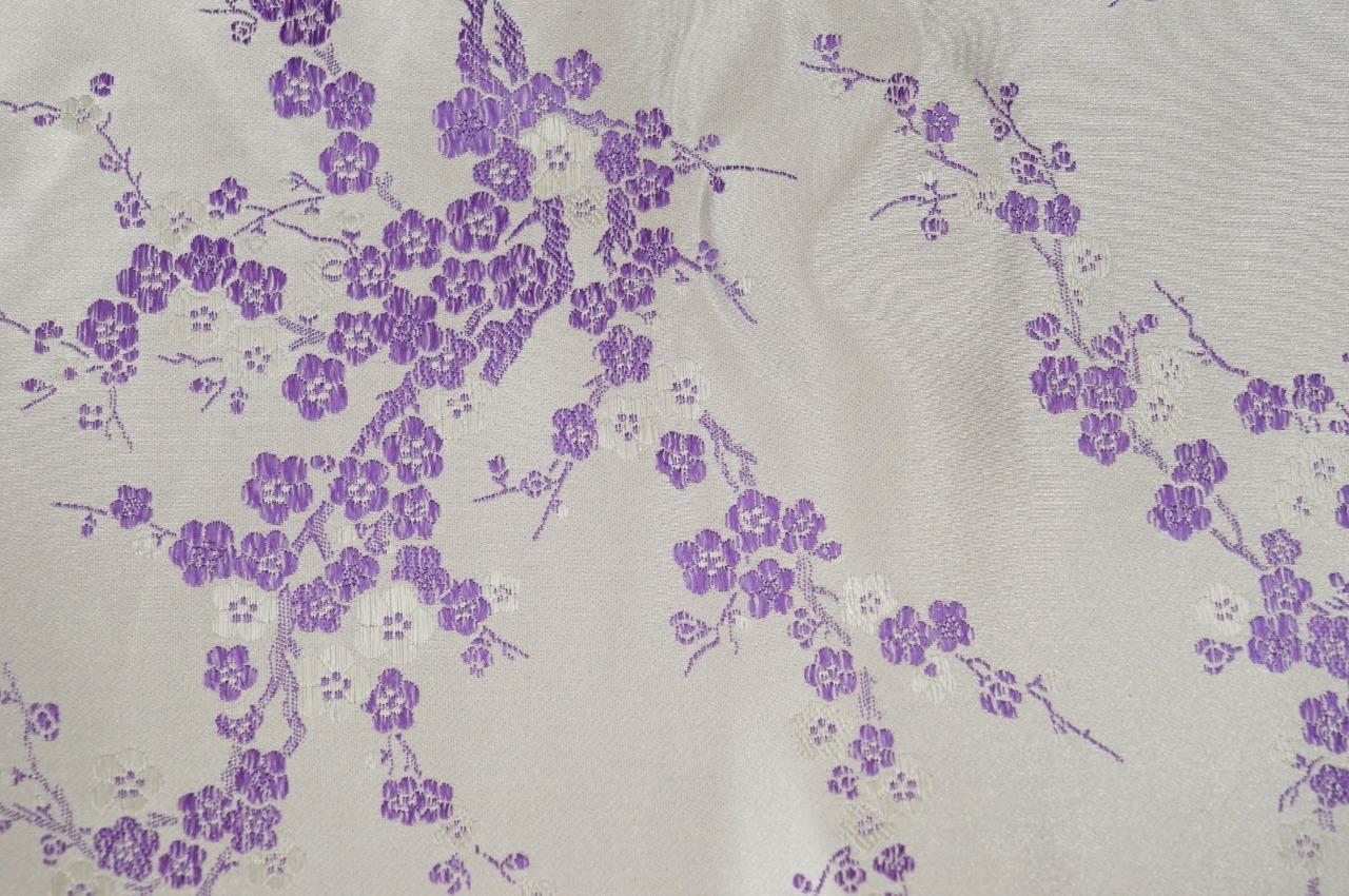 Japanese Brocade Kimono Satin Fabric Lot Purple Sakura Cherry Plum Blossom - $20.78