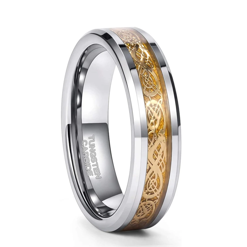 Ring Men Real Tungsten Ring 6mm/8mm Gold Celtic Dragon Polished Engagement Rings - £24.50 GBP