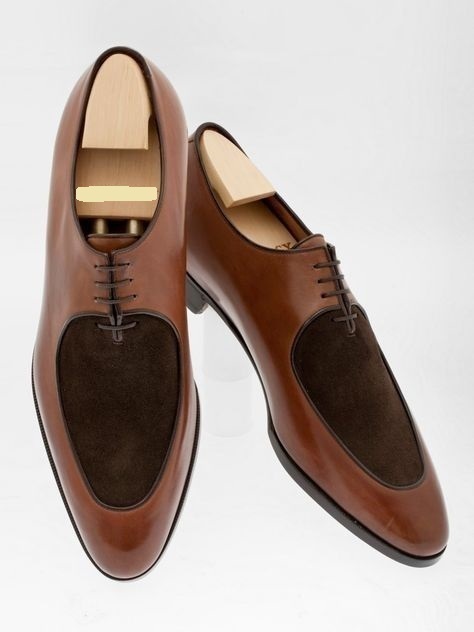New Men Two Tone Brown Suede Rounded Toe Lace Up Derby Genuine Leather Shoes