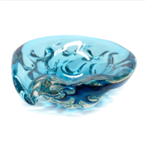 Vintage Blue Turquoise Free Form Folded Edge Art Glass Candy Dish  Bowl  8&quot; - £39.45 GBP
