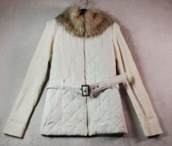 JJ Basics Quilted Jacket Womens Large White Fox Fur Long Sleeve Full Zip Belted - £16.57 GBP