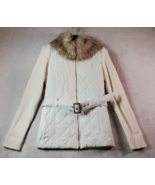 JJ Basics Quilted Jacket Womens Large White Fox Fur Long Sleeve Full Zip... - £16.33 GBP