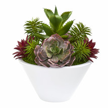 16” Succulent Garden Artificial Plant In White Bowl Vase - £101.49 GBP