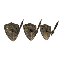Set of 3 Cast Iron Bronze Sword &amp; Shield Decorative Wall Hooks Key Holder - £23.70 GBP