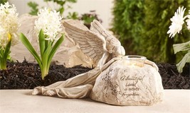 Memorial Angel Tealight Holder with Sentiment 13&quot; Long Gray Stone Finish Weeping - £38.93 GBP