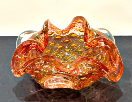 Italian Art Glass Ashtray Bowl Ruffled 6 Inch Pinkish Orange w Gold Flakes VTG - £11.26 GBP