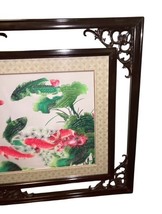 Vintage Asian Framed Art Landscape Carved Wood Frame 32.75x21 Goldfish Fish Luck image 4