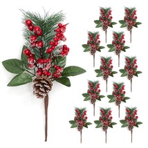 Artificial Christmas Picks, 12 Pcs 12&quot; Pine Branches Red Berry Twig Stems Pineco - $43.99