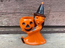 Vtg Halloween Rosbro Hard Plastic Witch &amp; Pumpkin Candy Container - £22.44 GBP