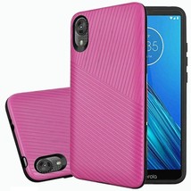 Textured Embossed Lines Hard Plastic Hybrid Case For Motorola Moto E6 HOT PINK - £4.58 GBP