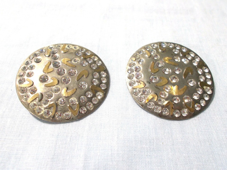 VINTAGE AUSTRIAN CRYSTAL ROUND SHAPE 1 3/4" SILVER & BRASS CLIP ON EARRINGS Item image 2